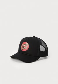 Black cap with a structured front, mesh sides, and a curved visor. Features a circular red logo with "Santa Cruz" in bold lettering.
