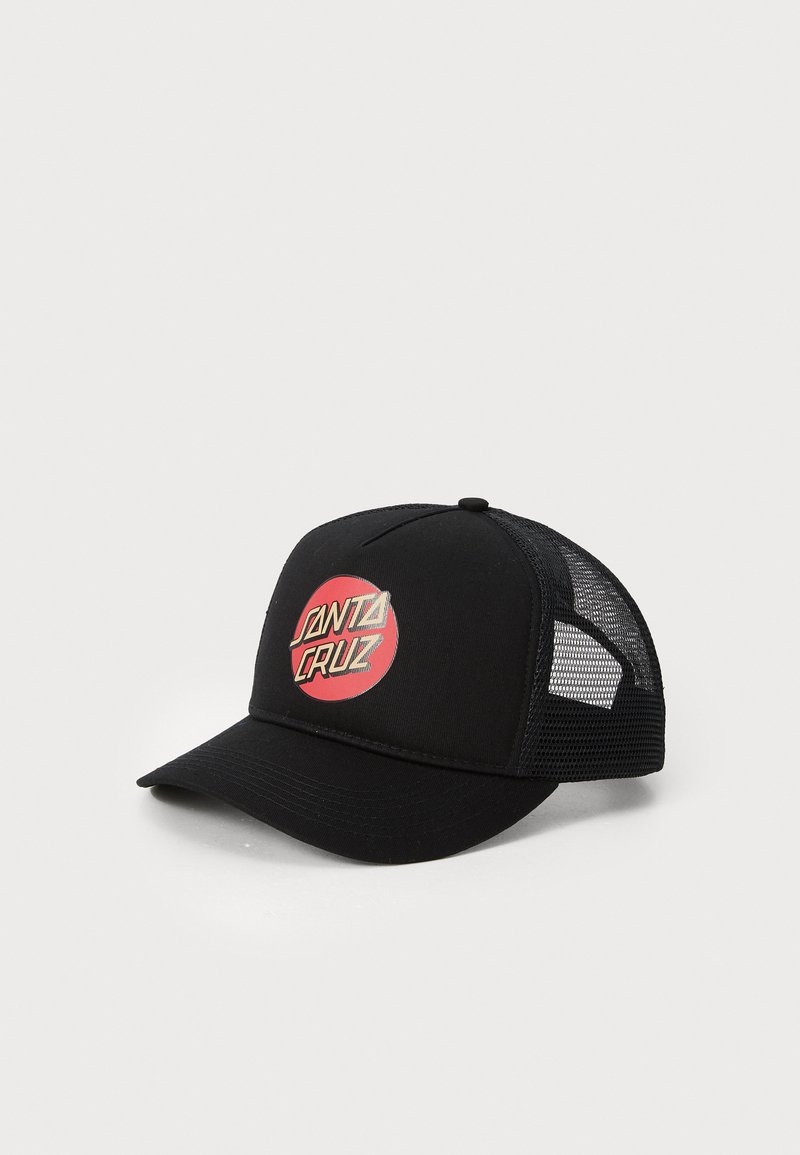 Black cap with a structured front, mesh sides, and a curved visor. Features a circular red logo with "Santa Cruz" in bold lettering.