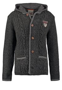 Grijze gebreide cardigan met capuchon, voorzien van kabelpatronen, houten knopen en twee voorzakken. Afgewerkt met contrasterende grijze stof.
