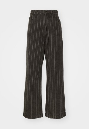 Wide-leg trousers in dark gray fabric with white vertical stripes. Features a high waist and drawstring closure. Includes side pockets.