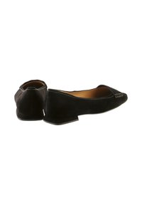 Black suede flats with a pointed toe, featuring a decorative stitched pattern and a low, sturdy heel. Smooth interior.