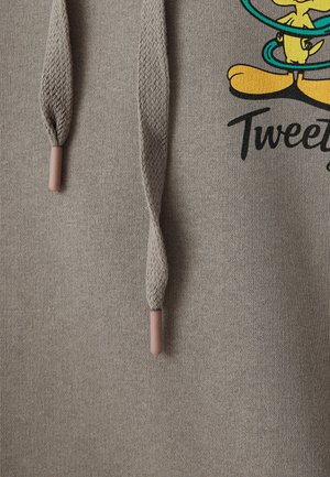 Grijze sweatshirt met een gestructureerde brei, voorzien van lichtgrijze aantrekkoorden met rubberen uiteinden en een kleurrijke cartoonafbeelding van Tweety Bird.