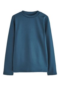 Långärmad skjorta i ett slätt, stretchigt tyg i en djup teal-färg. Har en rund halsringning och minimala sömnadsdetaljer.