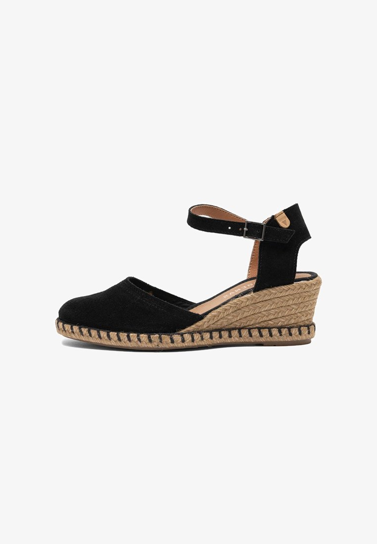 Sandalia de cuña espadrille de ante negro con correa en el tobillo y suela trenzada de yute.