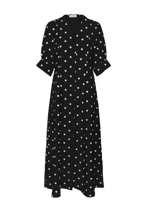 Fekete maxi ruha fehér pöttyökkel, V-nyakú, elöl gombos, rövid, felhajtott ujjú és lobogó anyagból.