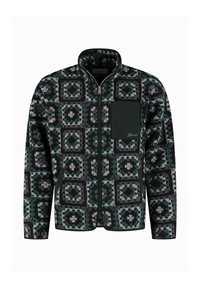 Giacca in pile con cerniera a tutta lunghezza, caratterizzata da un motivo patchwork geometrico nei toni del verde scuro, nero e grigio, con una tasca sul petto in verde scuro uniforme e un logo in corsivo.