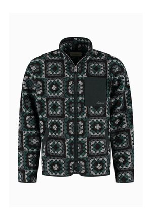Fleecová bunda na zip s tmavě zeleným, černým a šedým geometrickým vzorem a jednobarevnou tmavě zelenou náprsní kapsou s kursive logem.