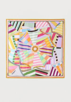 Vierkante zijden sjaal met kleurrijke geometrische patronen en diagonale strepen, met het herhaalde "LANCEL"-tekst in het ontwerp.