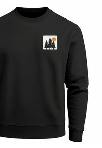 Black sweatshirt with a round neckline. Features a white square graphic depicting three trees and a sun, textured print detail.