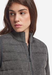 Graue, mit Reißverschluss versehene Weste mit hohem Kragen, gestepptem Textil und einem eleganten Design, mit einem subtilen Glanz und seitlichen Akzenten.
