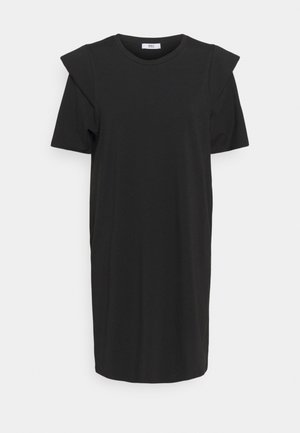 Robe noire jusqu'aux genoux en tissu doux, avec des manches courtes dotées d'accents aux épaules et un col rond. Design simple et droit.