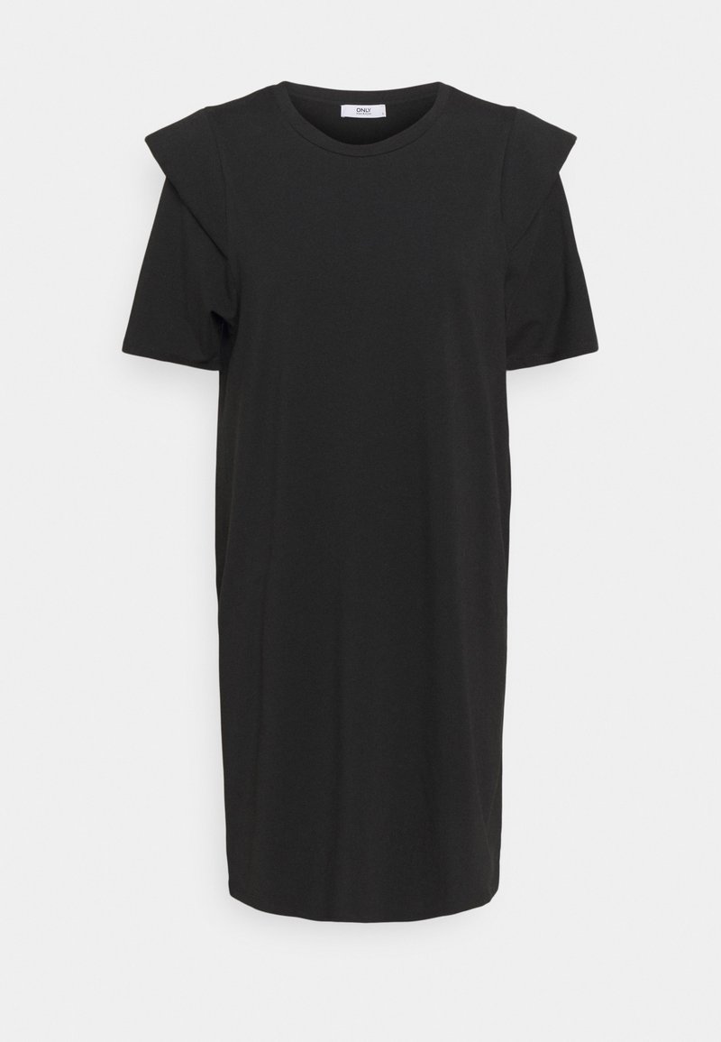 Robe noire jusqu'aux genoux en tissu doux, avec des manches courtes dotées d'accents aux épaules et un col rond. Design simple et droit.