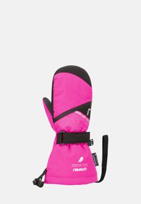 Rosa wasserdichte Handschuh mit schwarzen Akzenten, ausgestattet mit einem strukturierten Muster, verstellbarem Manschettenriemen und Logo am unteren Rand.