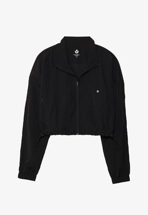 Giacca nera cropped con chiusura a zip, colletto alto e polsini elasticizzati. Realizzata in tessuto leggero con una finitura testurizzata. Presenta un piccolo logo.