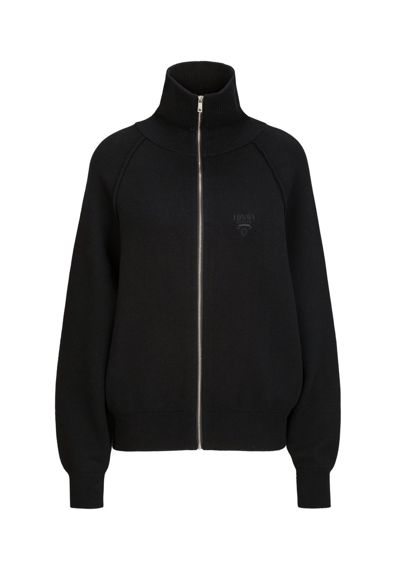 Schwarzer Sweatshirt mit Reißverschluss, hohem Kragen, gerippten Bündchen und weicher Textur; verfügt über ein kleines, eingeprägtes Logo auf der Brust.