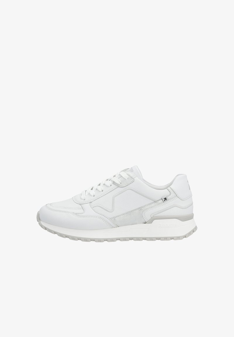 White sneaker featuring a mix of smooth and textured leather. Elevated sole, lace-up design, and side logo detail.