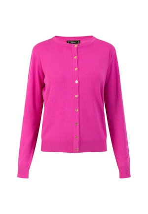 Fuksia kardigan pikaedadega, ümmarguse kaelusega ja nupuvajutusega esiküljel. Omab tekstuuriga soonikäe- ja allääri, kaunistatud kuldtooniste nuppudega.