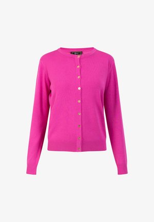 Fuchsia cardigan med lange ærmer, rund hals og knaplukning. Har teksturerede ribstrikkede manchetter og kant, prydet med guldfarvede knapper.