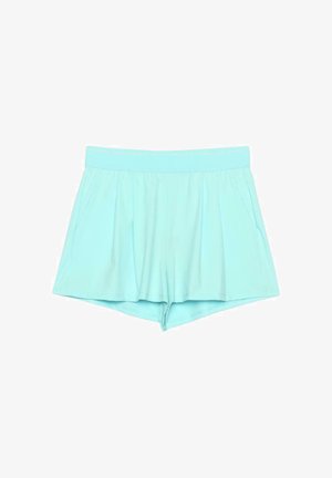 Pantaloncini plissettati azzurri con ampia fascia in vita e tasche laterali, mostrati distesi su sfondo bianco.