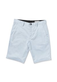 Light blue shorts with a straight cut, made of cotton blend fabric. Features a button closure, belt loops, and side pockets.