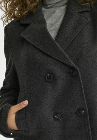 Mørk grå dobbeltspent ullk�åpe med store sorte knapper, klippkjolekrage og sidelommer. Myk tekstur, skreddersydd passform og synlige sømmer.