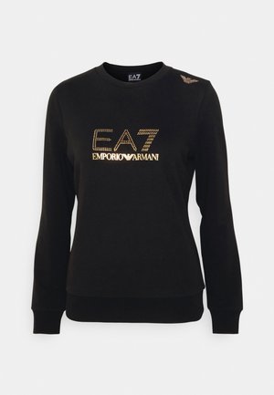 Black sweatshirt made of cotton, featuring a gold studded "EA7 Emporio Armani" logo on the front and a decorative accent on the shoulder.