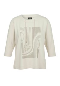 Hell gefärbter, leichter Sweatshirt mit einem Quadratmuster aus kleinen metallischen Punkten und einer Kapuze, mit Dreiviertelärmeln.