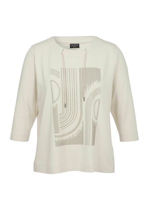 Hell gefärbter, leichter Sweatshirt mit einem Quadratmuster aus kleinen metallischen Punkten und einer Kapuze, mit Dreiviertelärmeln.