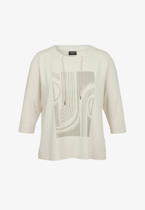 Light-colored, lightweight sweatshirt with a square pattern of small metallic dots and a hood, featuring three-quarter length sleeves.