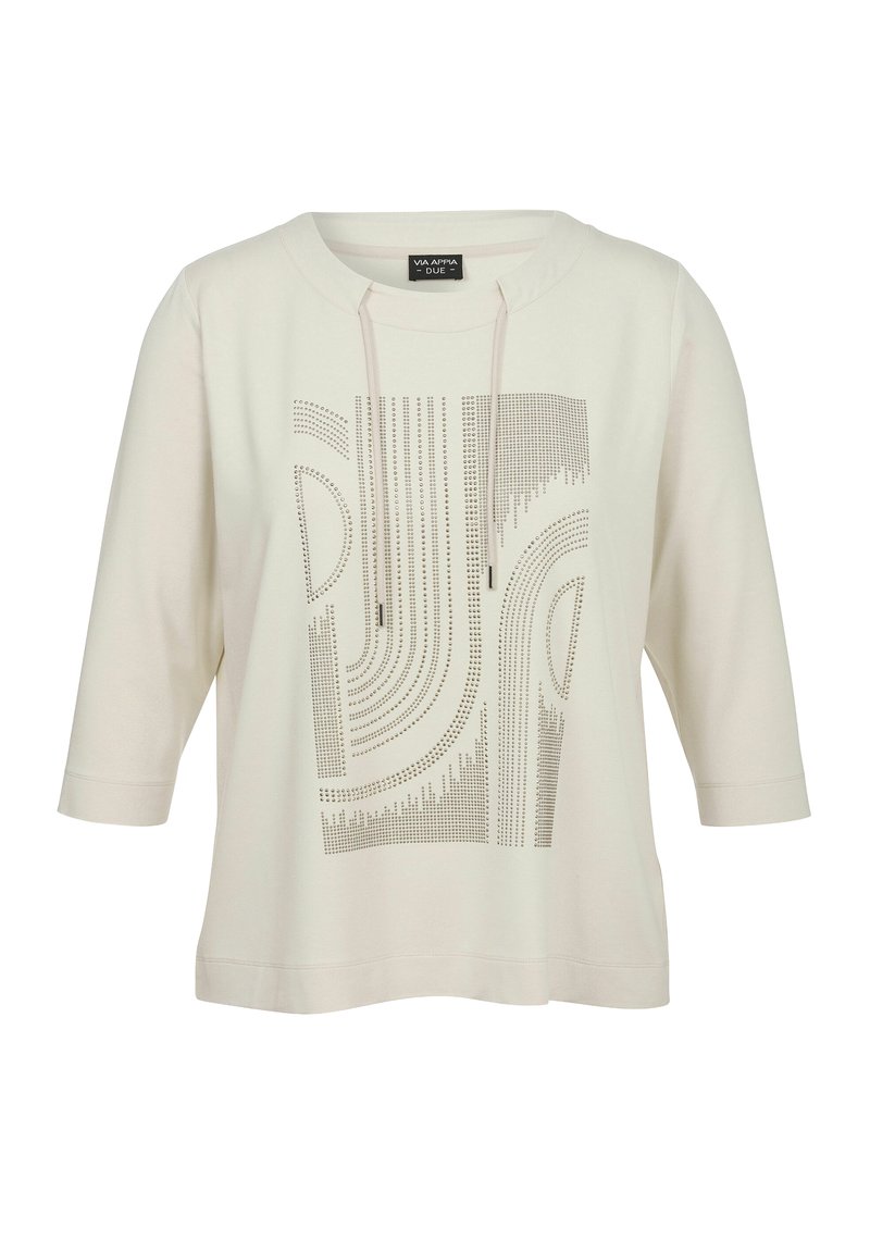Hell gefärbter, leichter Sweatshirt mit einem Quadratmuster aus kleinen metallischen Punkten und einer Kapuze, mit Dreiviertelärmeln.