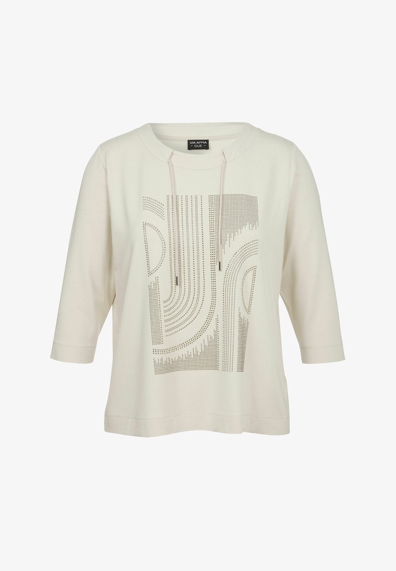 Hell gefärbter, leichter Sweatshirt mit einem Quadratmuster aus kleinen metallischen Punkten und einer Kapuze, mit Dreiviertelärmeln.