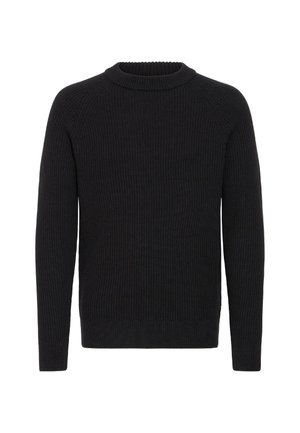 Svart ribbad stickad tröja med rund halsringning, långa ärmar och en åtsittande nederkant. Texturen är tät och elastisk, vilket gör den lämplig för avslappnad användning.
