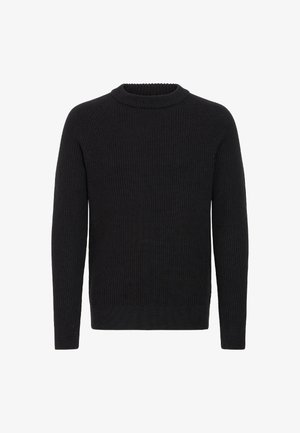 Pull en tricot noir à côtes avec un col rond, des manches longues et un ourlet ajusté. La texture est dense et élastique, adaptée à une tenue décontractée.