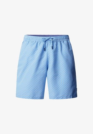 Lichtblauwe zwemboxers met wit geometrisch diamantenpatroon en verstelbare taille met trekkoord tegen een witte achtergrond.