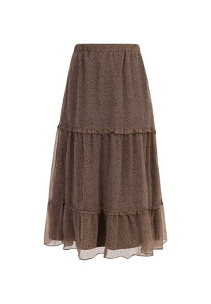 Falda marrón de capas con cinturilla elástica, hecha de una tela ligera y transparente, que presenta un delicado patrón floral y bordes con volantes.