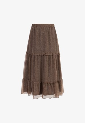 Falda marrón de capas con cinturilla elástica, hecha de una tela ligera y transparente, que presenta un delicado patrón floral y bordes con volantes.