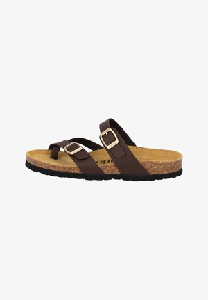 Bruine sandaal met voetbed van kurk, twee verstelbare banden met zilveren gespen, platte ontwerp en een gestructureerd voetbed voor comfort.
