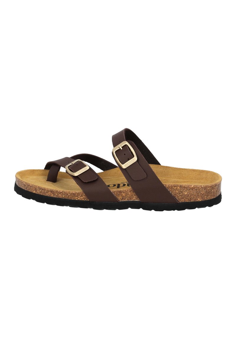 Brown footbed sandal with cork sole, two adjustable straps with silver buckles, flat design, and textured footbed for comfort.