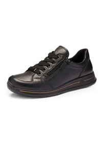 Black leather casual sneaker with round toe, black laces, side zipper, and rubber sole with brown stripe detail.