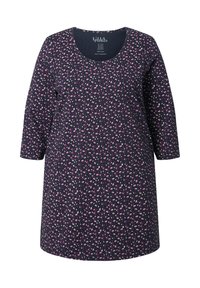 Abito navy con maniche a tre quarti featuring un motivo floreale sparso in rosa e bianco. Realizzato in 100% cotone, con scollatura rotonda.