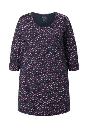 Marineblauwe jurk met driekwartmouwen, versierd met een verspreid bloemenpatroon in roze en wit. Gemaakt van 100% katoen, ronde halslijn.