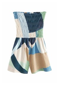 Combinaison bustier avec corsage smocké élastique, short à jambes larges, et motif géométrique abstrait en bleu, vert, beige et blanc.