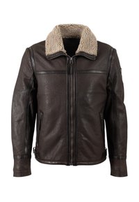 Bruine leren jas met een faux shearling kraag, ritssluiting, twee zijzakken en gestikte details langs de schouders en manchetten.