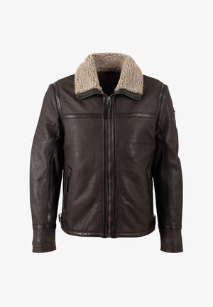 Braune Lederjacke mit einem Kragen aus Kunstschafswolle, Reißverschluss, zwei Seitentaschen und genähten Details an den Schultern und Bündchen.