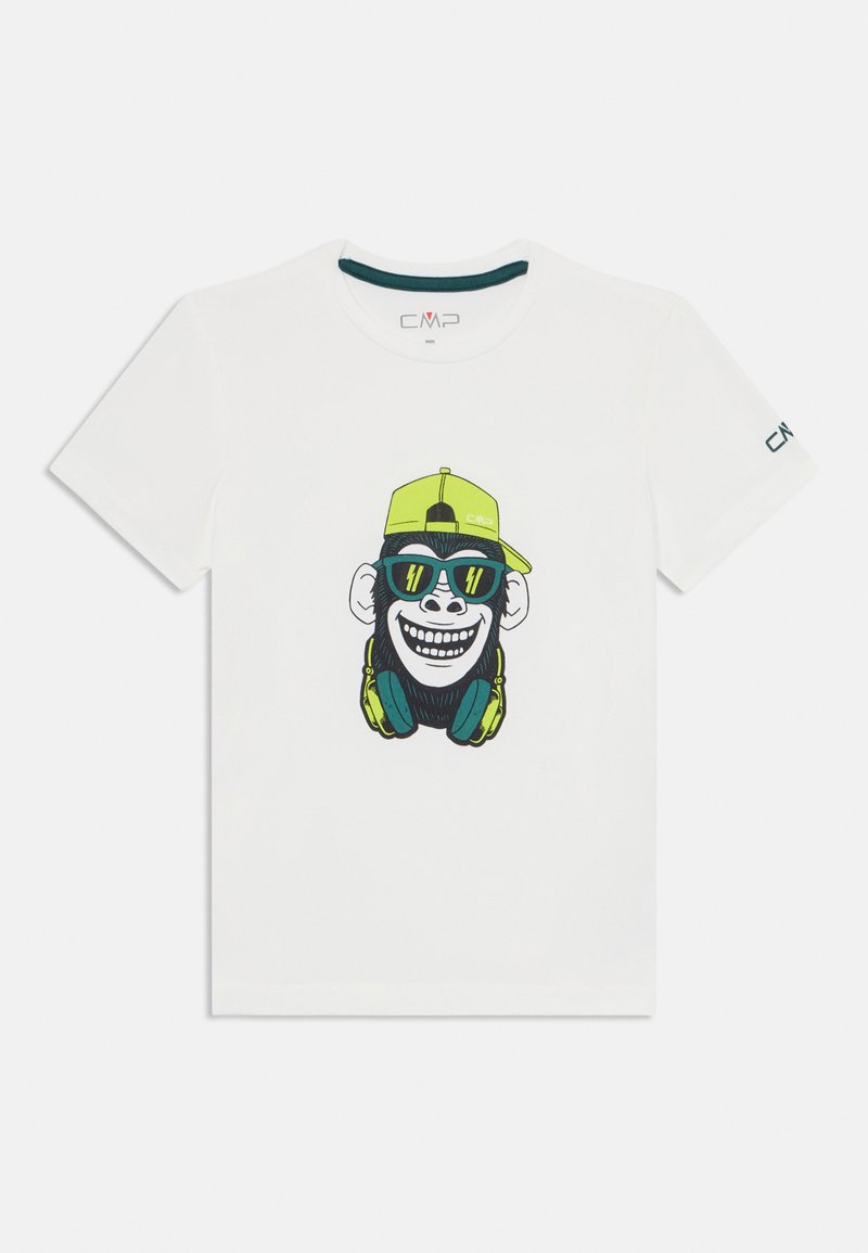 Camiseta de algodón blanca con un gráfico de un mono que lleva una gorra verde y gafas de sol, con auriculares en colores verde brillante y turquesa.