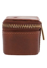 Kleine bruine leren tas met gouden rits en stoffen rand, zijaanzicht met rits half gesloten.