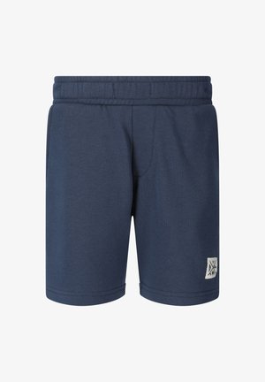 Marineblaue Freizeithose mit elastischem Bund und kleinem weißem Logo-Patch am unteren linken Bein.