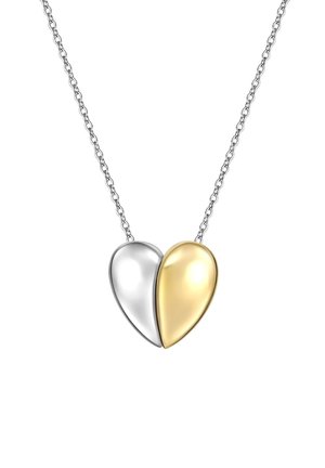 Hõbe- ja kuldne südame ripatsiga kaelakee, millel on poleeritud pind ja kaks omavahel seotud südamekuju delikaatsel kettisel.