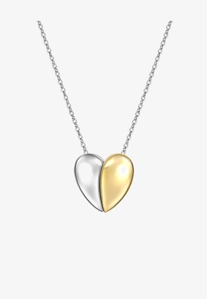 Hõbe- ja kuldne südame ripatsiga kaelakee, millel on poleeritud pind ja kaks omavahel seotud südamekuju delikaatsel kettisel.