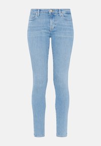 Jeans skinny azzurri chiari in denim, con vita alta, cinque tasche e chiusura frontale a bottone. Texture liscia con minimali segni di usura.